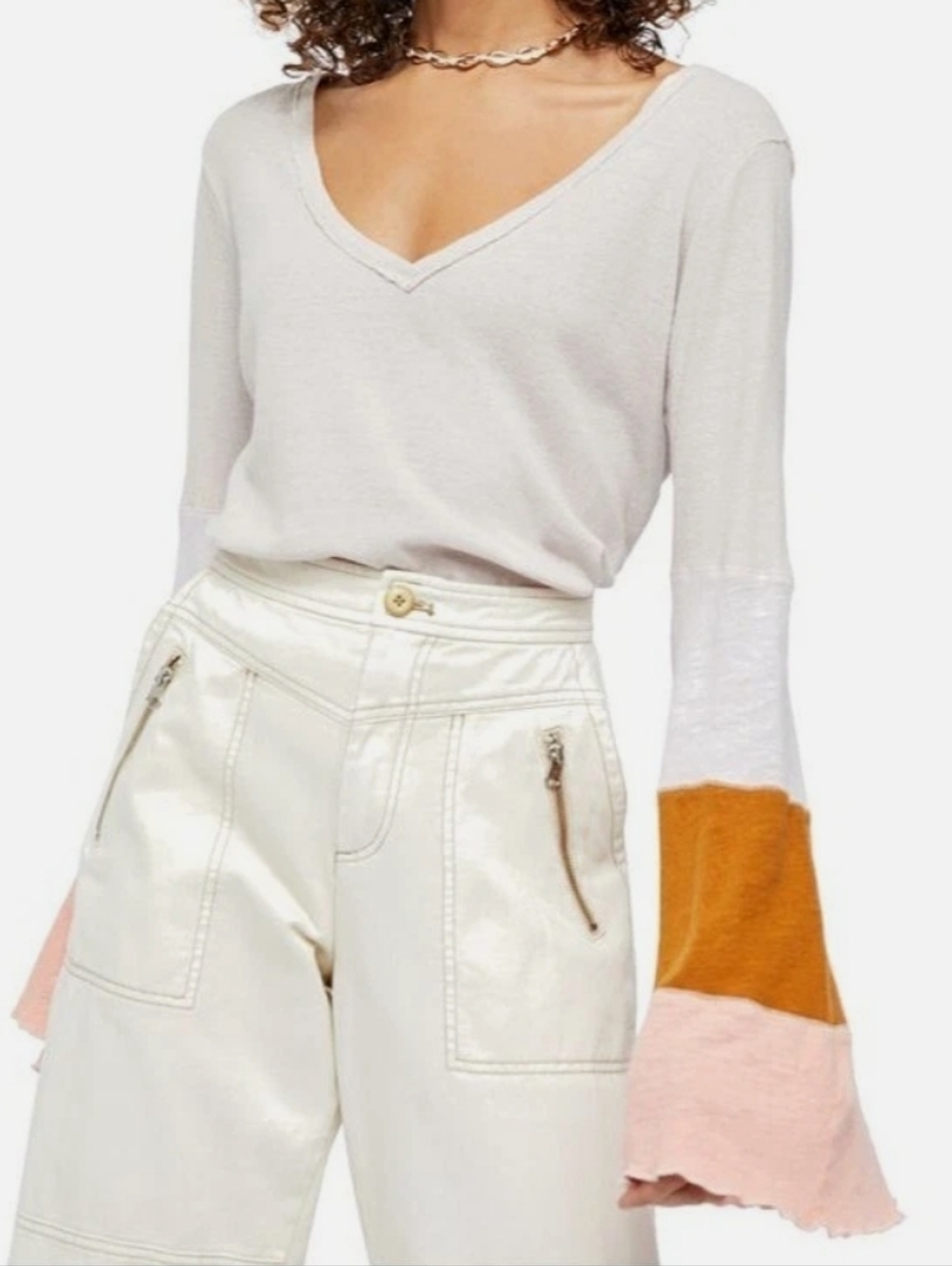 Free People x We The Free Color Block Bell Sleeve V-Neck Top S